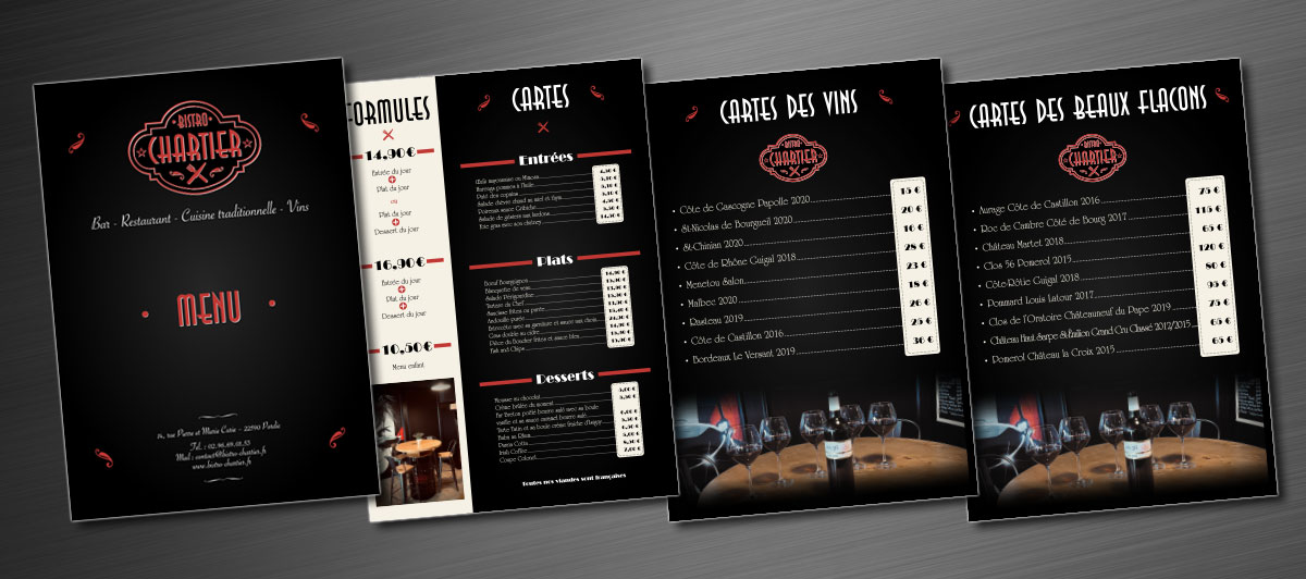 Graphiste indépendant, création de charte graphique pour bistrot, cartes et menus