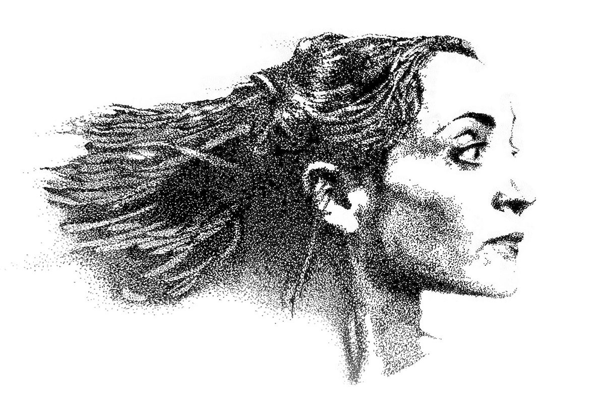 Graphiste indépendant, création d'illustrations, dessin pointilliste de Dominique Blanc dans la pièce de théâtre 'Une maison de poupée' d'Enrik Ibsen à l'Odéon Théâtre de l'Europe en 1997