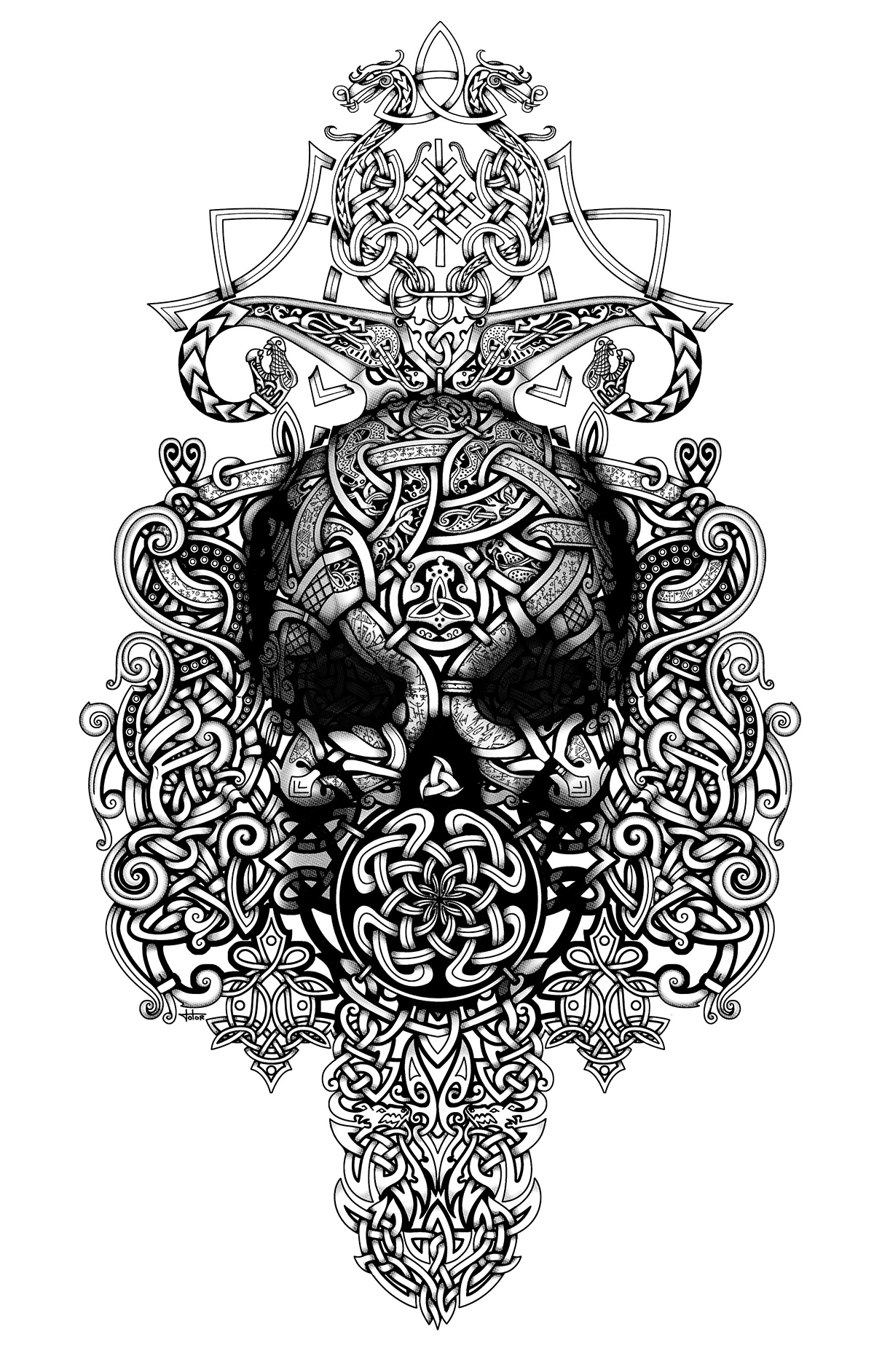 Graphiste indépendant, création d'illustrations pour tatouage avec entrelacs celtiques et tête de mort