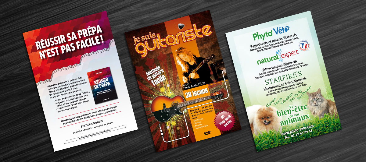 Graphiste indépendant, création et mise en page de flyers pour livre, musique et alimentation animale