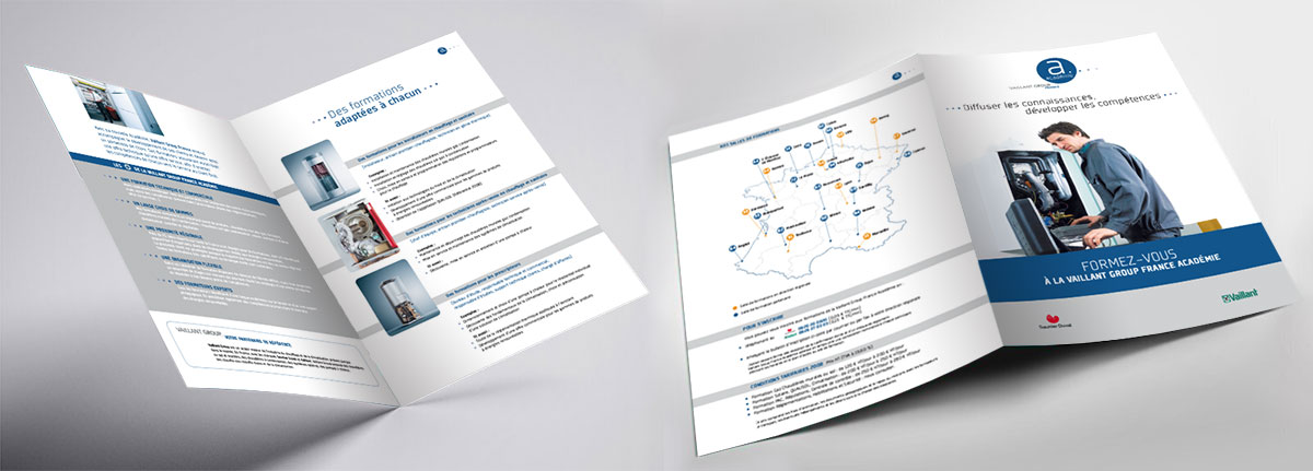 Graphiste indépendant, création et mise en page de plaquettes commerciales dépliant 2 volets Formation