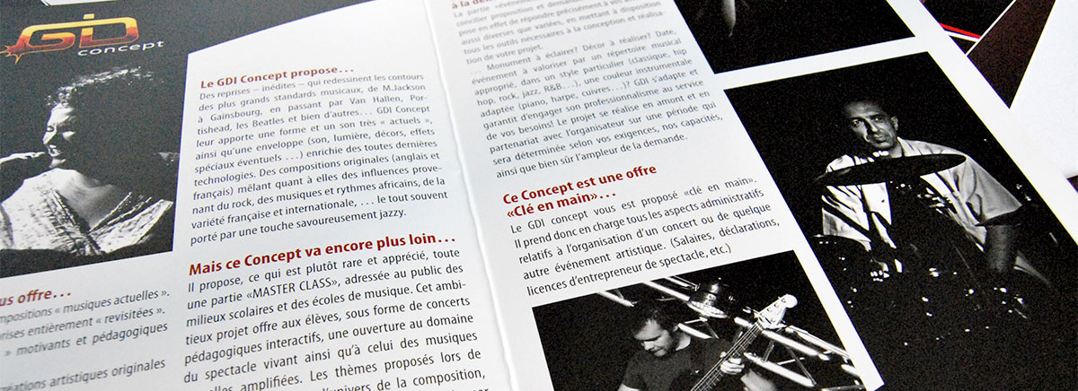 Graphiste indépendant, création et mise en page de plaquettes commerciales dépliant 2 volets musique Jazz