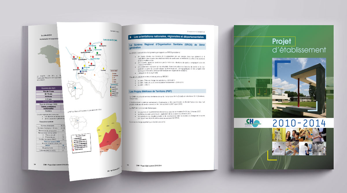 Graphiste indépendant, création et mise en page de rapports d'activité, centre hospitalier